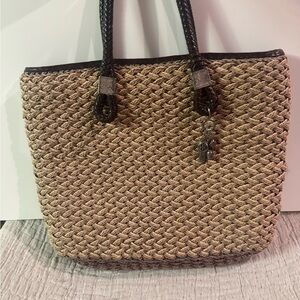 Brighton Woven Straw Tote Bag with Brown Braided Leather  and Signature Charms